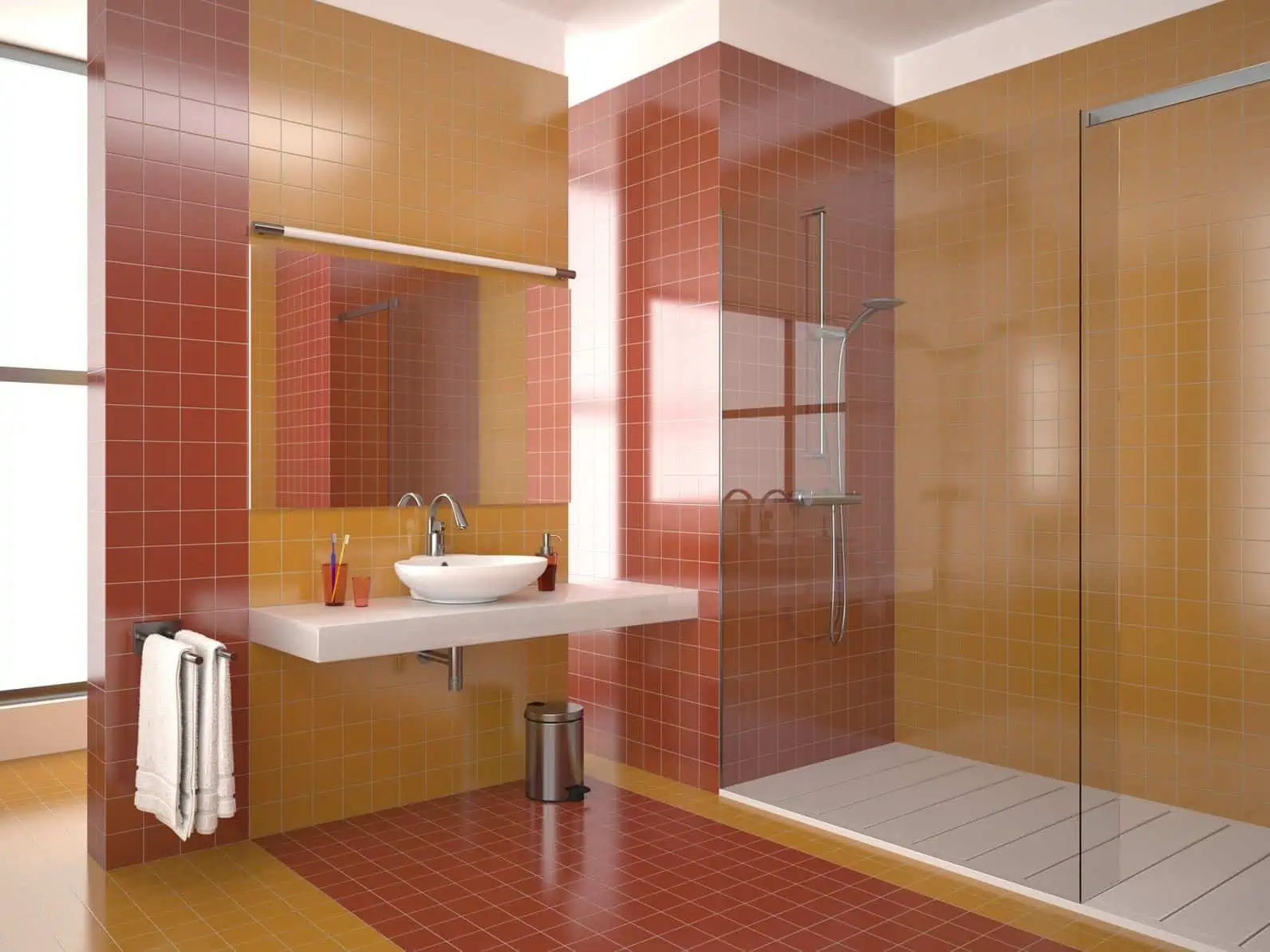 Exemple de douche italienne avec carrelage rouge et jaune
